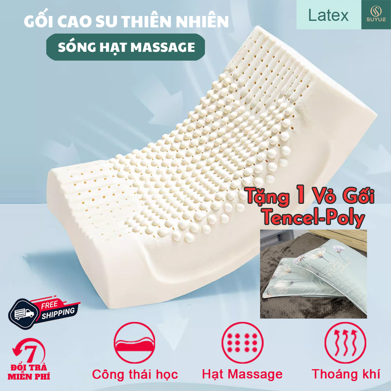Gối cao su thiên nhiên sóng massage 40x60x12cm mềm mại giảm thiểu đau nhức cổ vai gáy khi ngủ