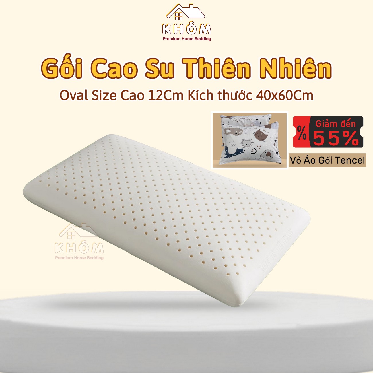 Gối Cao Su Thiên Nhiên Oval Mềm Mại 40x60x12cm Hỗ Trợ Cổ Vai Gáy Chất Liệu 100% Mủ Cao Su Kháng Khuẩn